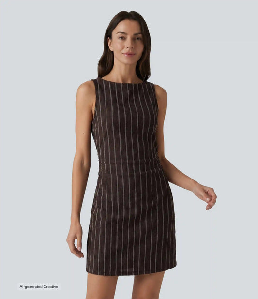 Boat Neck Sleeveless Striped Mini Casual Dress with Pockets