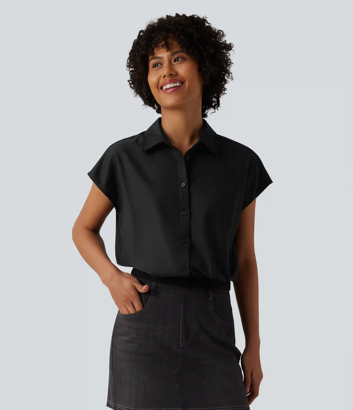 Collar Cap Sleeve Button Fly Casual Shirt