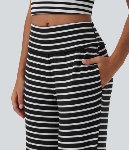 Ribbed Knit Mid Rise Wide Leg Stripe Casual Pants with Pockets