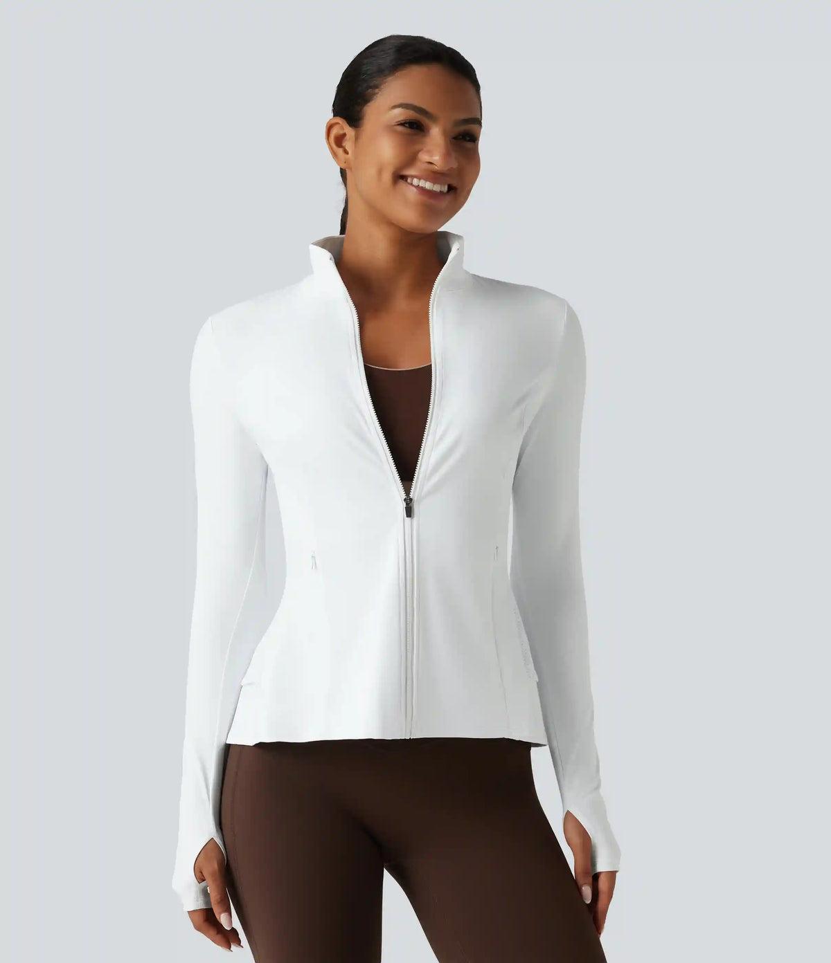 SoftlyZero™ Airy Stand Collar Long Sleeve Thumb Hole Eyelet Ruffle Hem InstantCool Yoga Jacket with Pockets-UPF50+