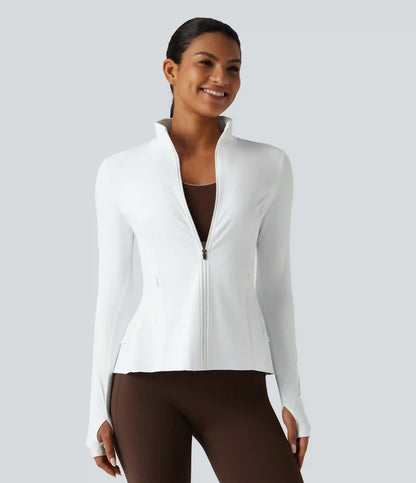 SoftlyZero™ Airy Stand Collar Long Sleeve Thumb Hole Eyelet Ruffle Hem InstantCool Yoga Jacket with Pockets-UPF50+
