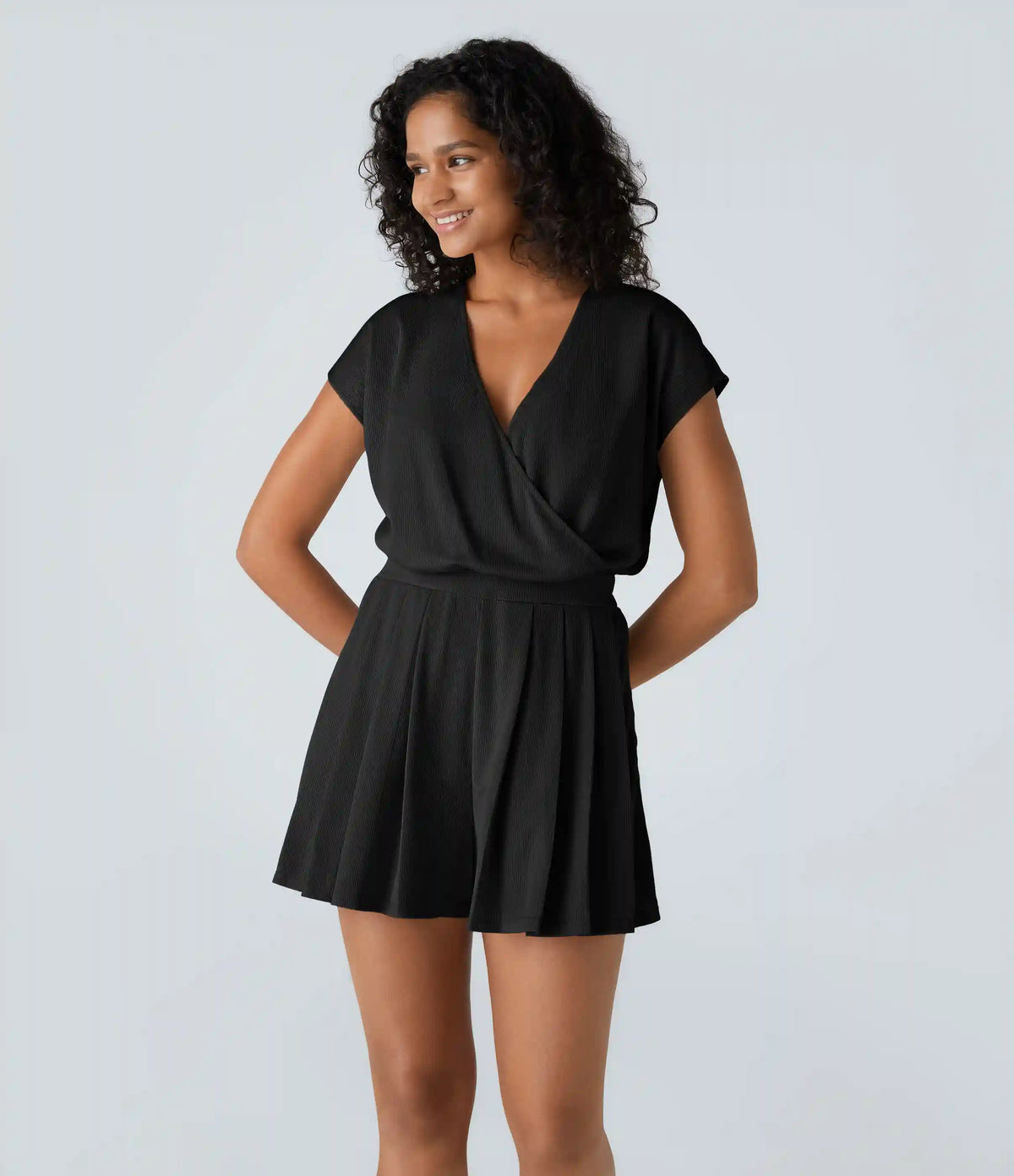 V Neck Short Sleeve Pocket Waffle Casual Romper