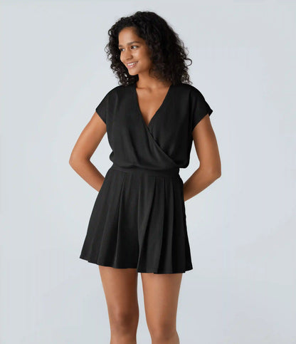 V Neck Short Sleeve Pocket Waffle Casual Romper