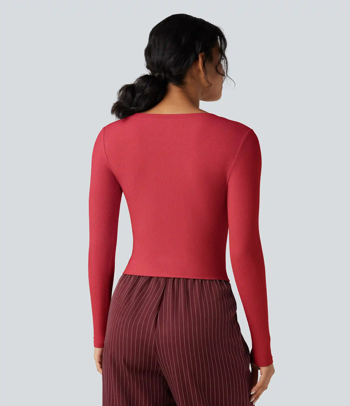 Ribbed Knit V Neck Long Sleeve Cropped Work T-Shirt