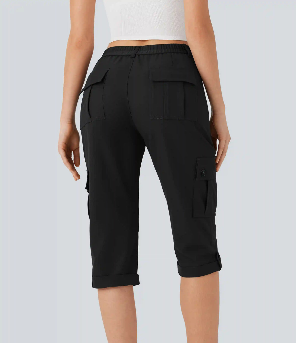 Mid Rise Rolled Hem Casual Cargo Pants with Flap Pockets