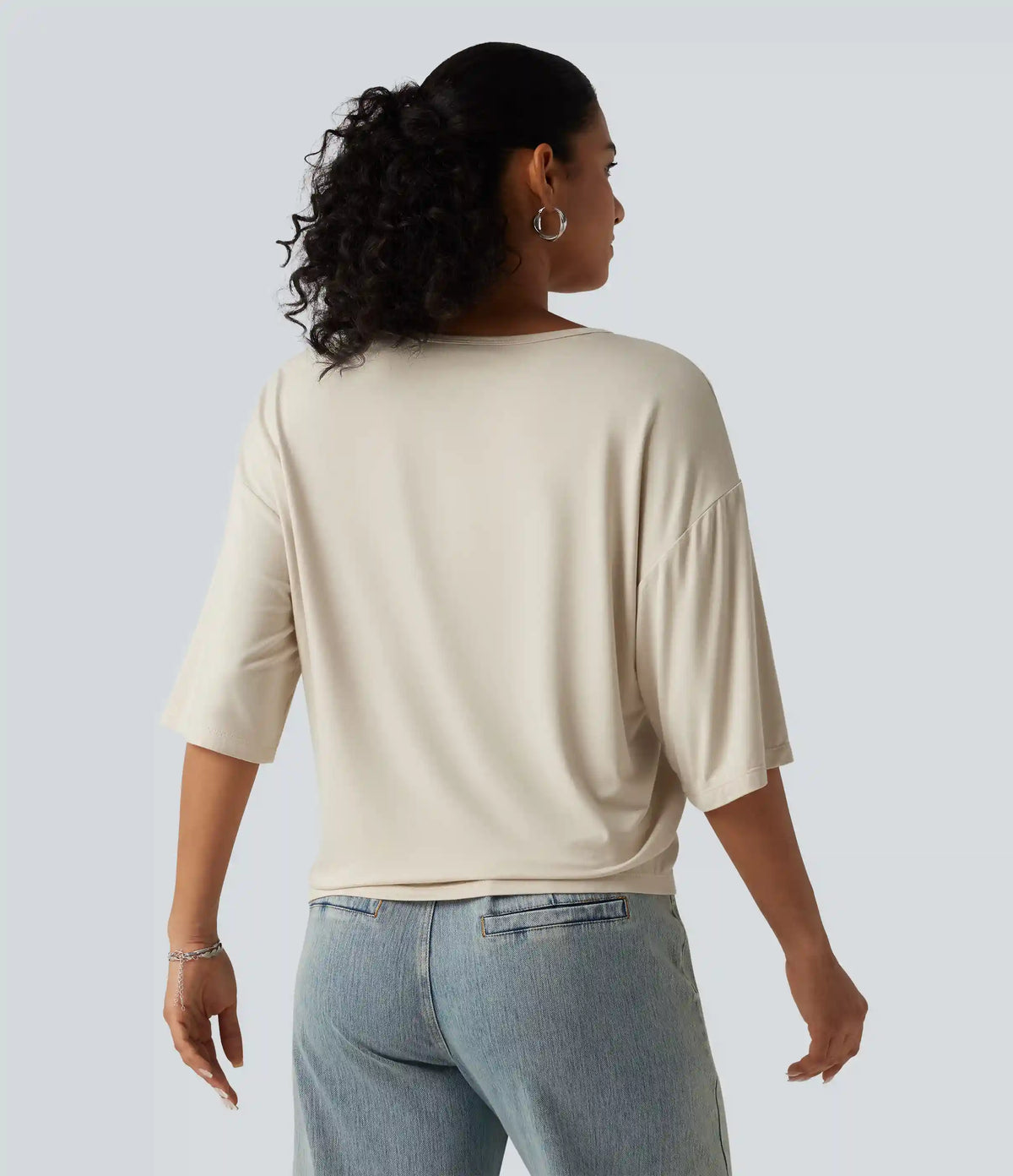 Scoop Neck Half Sleeve Color Block Casual Top