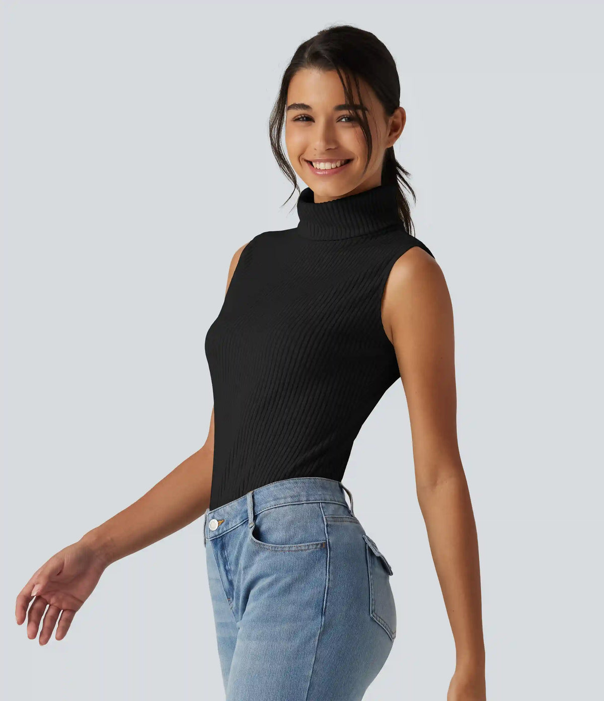 Ribbed Knit High Neck Casual Tank Top