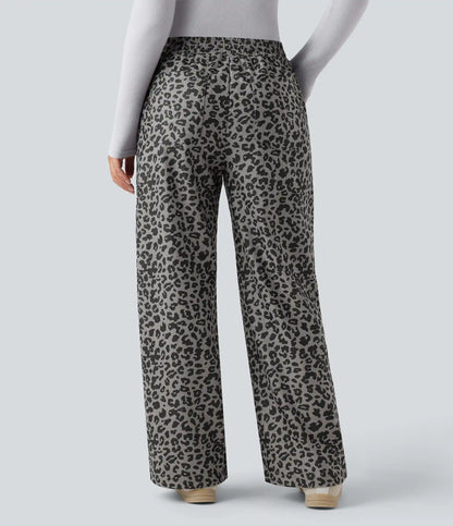 High Waisted Leopard Print Corduroy Casual Baggy Pants with Pockets