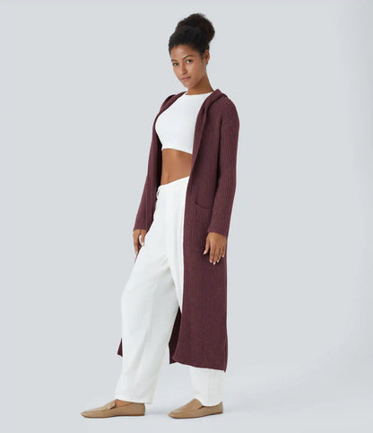 Hooded Long Sleeve Pocket Longline Casual Cardigan