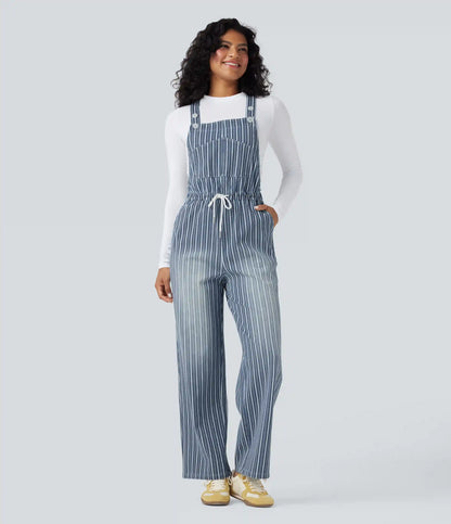 Halara Flex™ Drawstring Stripe Straight Leg Denim Casual Overalls with Pockets