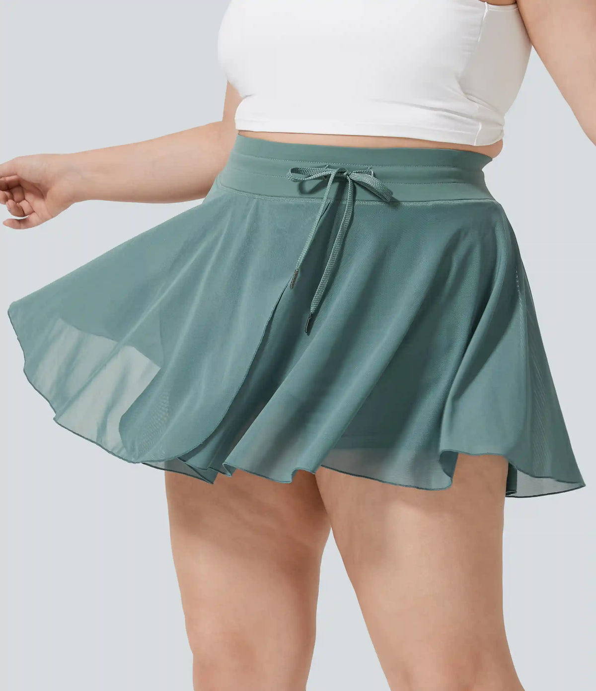High Waisted Drawstring Contrast Mesh 2-in-1 Pocket Flowy Mini Flare Casual Plus Size Skirt