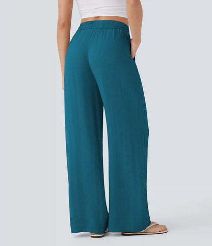 High Waisted Drawstring Pocket Wide Leg Baggy Casual Linen-Feel Pants