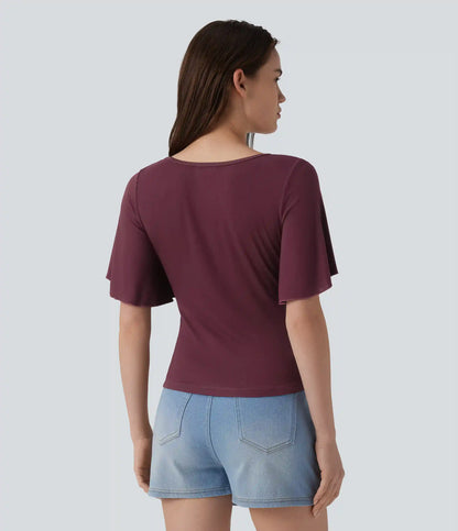 Ribbed Square Neck Butterfly Sleeve Ruched Casual T-Shirt