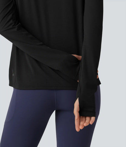 Round Neck Mesh Raglan Long Sleeve Thumb Holes Quick Dry Running Sports Top