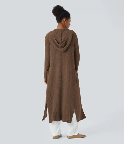 Hooded Long Sleeve Pocket Longline Casual Cardigan