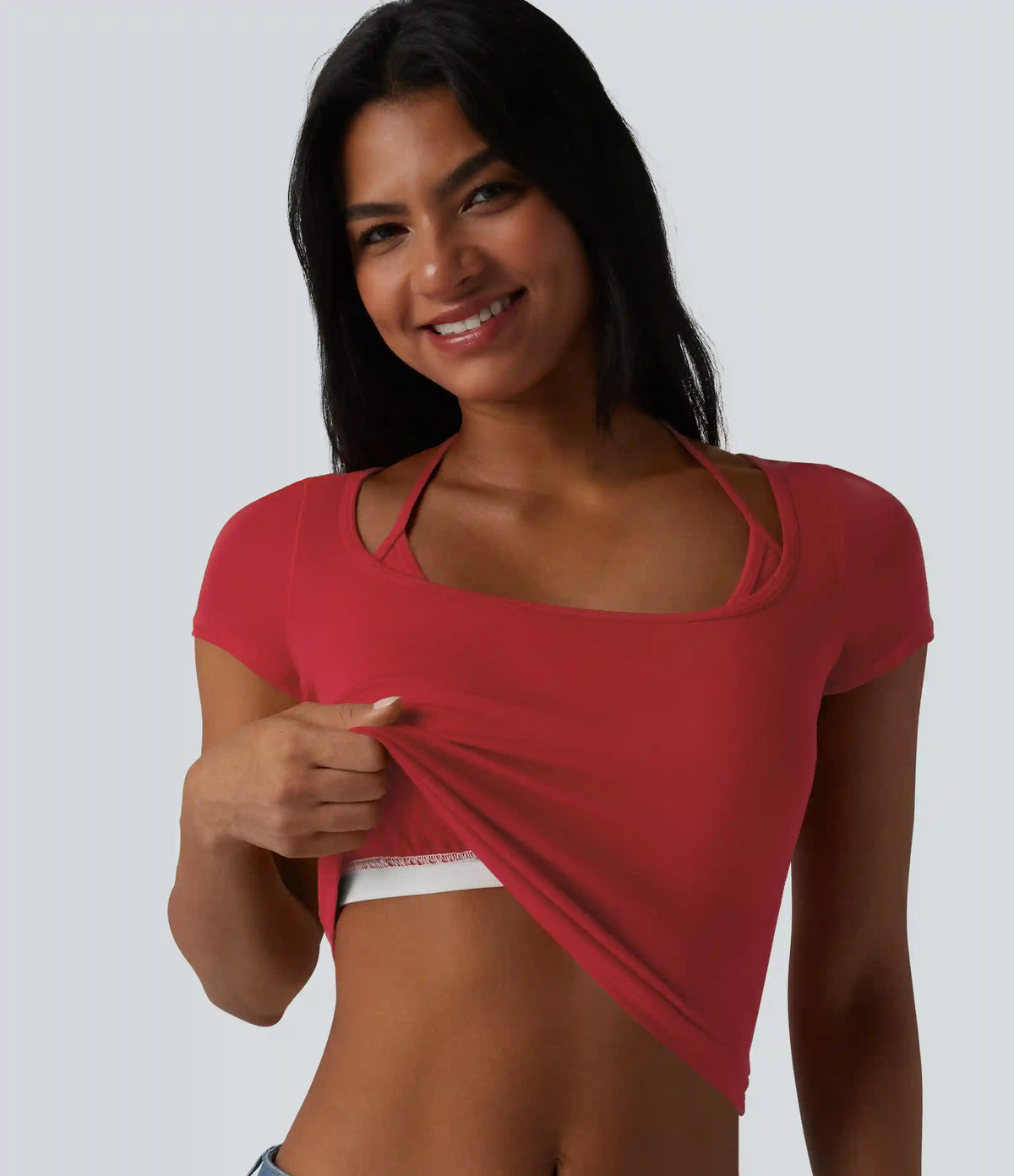 Ribbed Halter Tie Back Built-in Bra Short Sleeve Cropped Casual T-Shirt