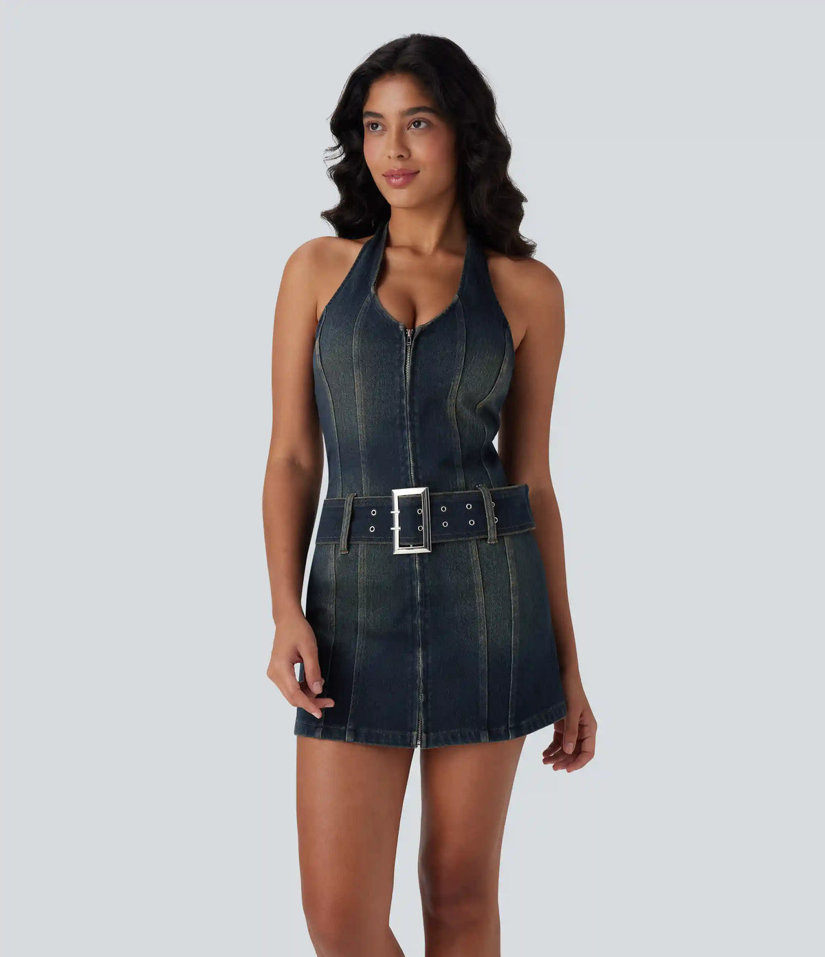 Halara Flex™ Halter Zipper Belted Bodycon Mini Washed Denim Casual Dress