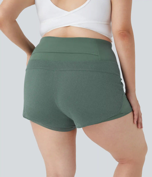 High Waisted Back Waistband Pocket 2-in-1 Yoga Plus Size Shorts
