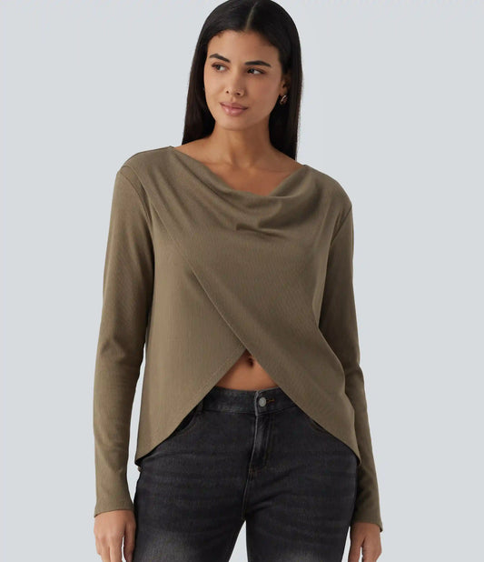Cowl Neck Crossover Long Sleeve Curved Hem Casual Top