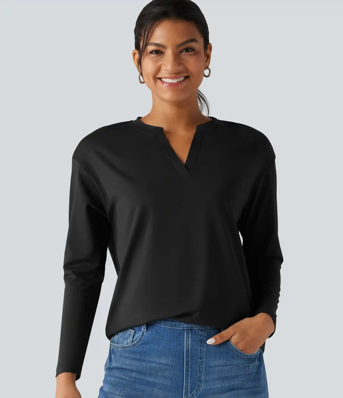 Notched Collar Dropped Shoulder Long Sleeve Casual T-Shirt