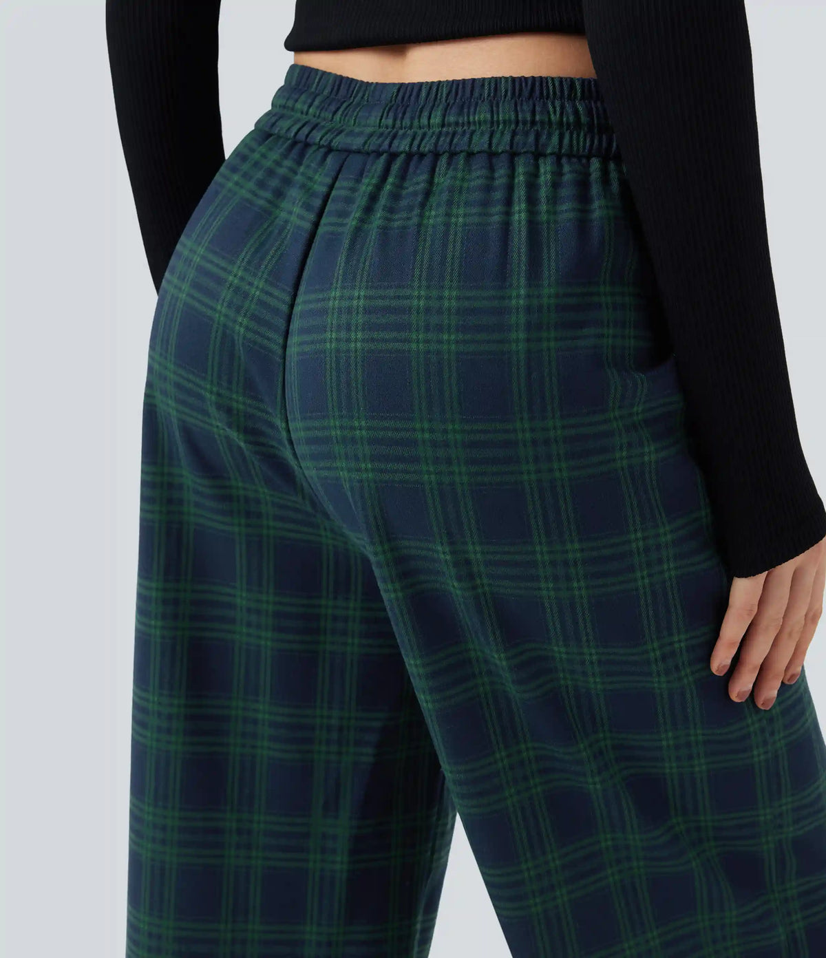 High-waisted Plaid Print Casual Baggy Pants with Pockets