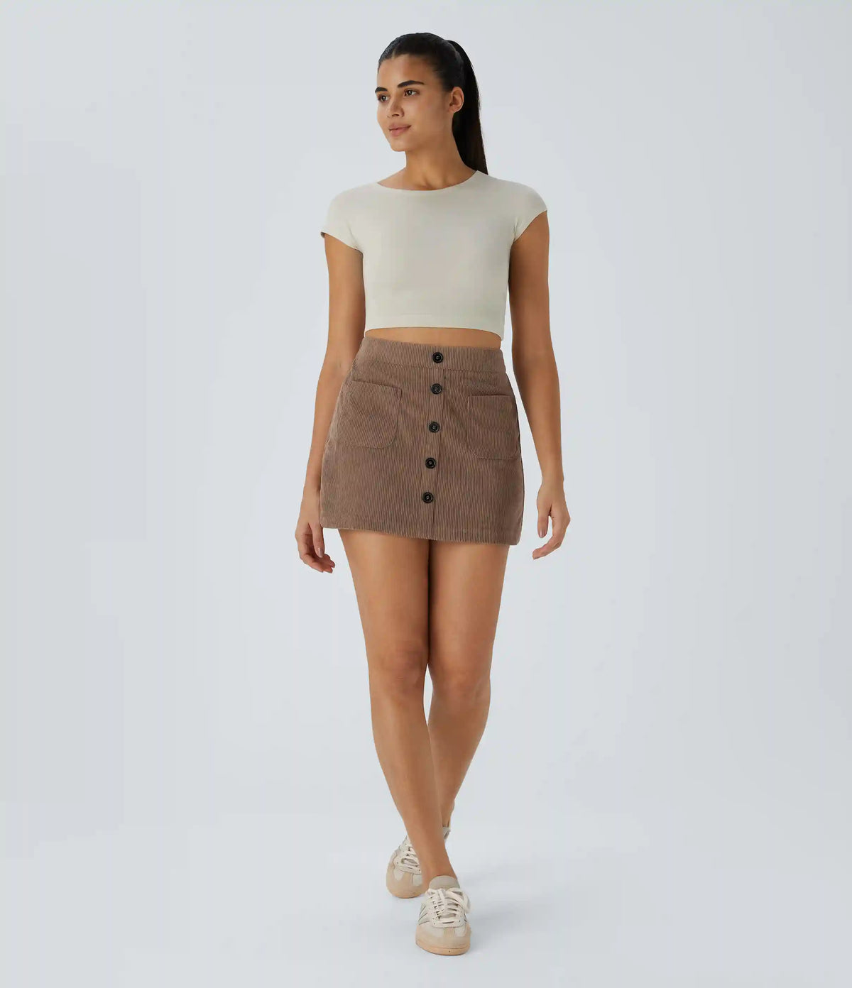 High Waisted Pocket Zipper 2-in-1 Corduroy Mini Casual Skirt