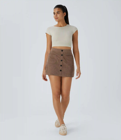 High Waisted Pocket Zipper 2-in-1 Corduroy Mini Casual Skirt