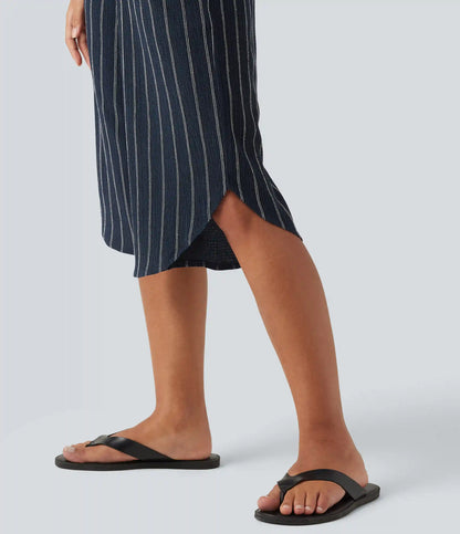 High Waisted Curved Hem Stripe Capri Casual Pants with Pockets