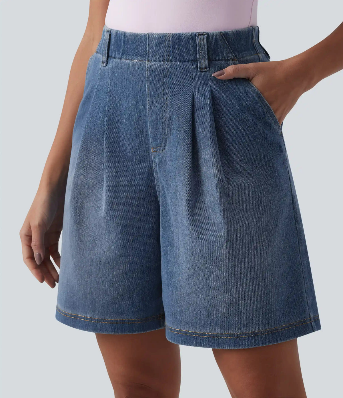 Halara Flex™ High Waisted Pleated Denim Casual Baggy Bermuda Shorts with Pockets