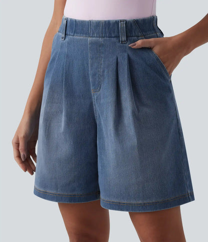 Halara Flex™ High Waisted Pleated Denim Casual Baggy Bermuda Shorts with Pockets
