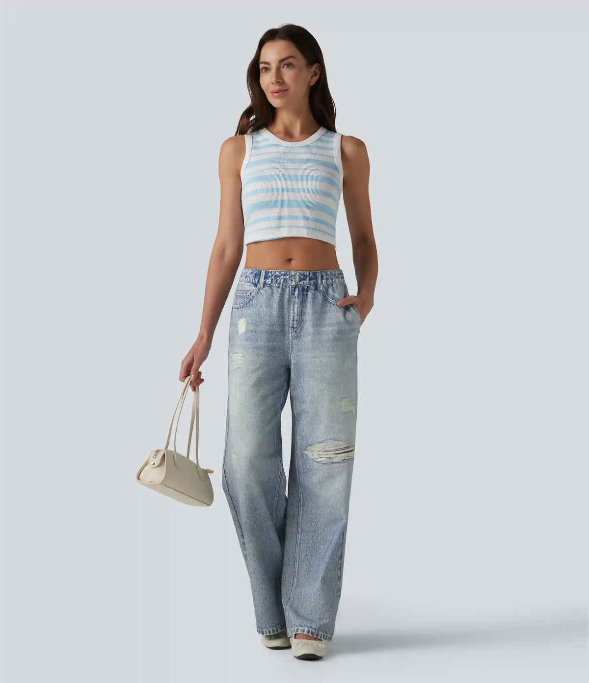 Mid Rise Denim Print French Terry Casual Sweatpants Jeans with Pockets