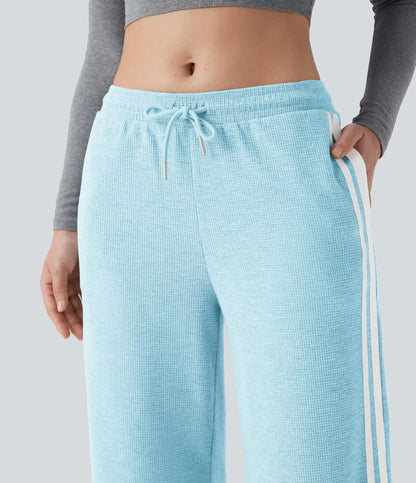 Low Rise Drawstring Color Block Snap Waffle Casual Wide Leg Pants with Pockets