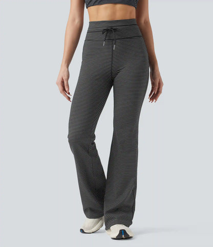 High Waisted Drawstring Stripe Flare Yoga Pants with Pockets