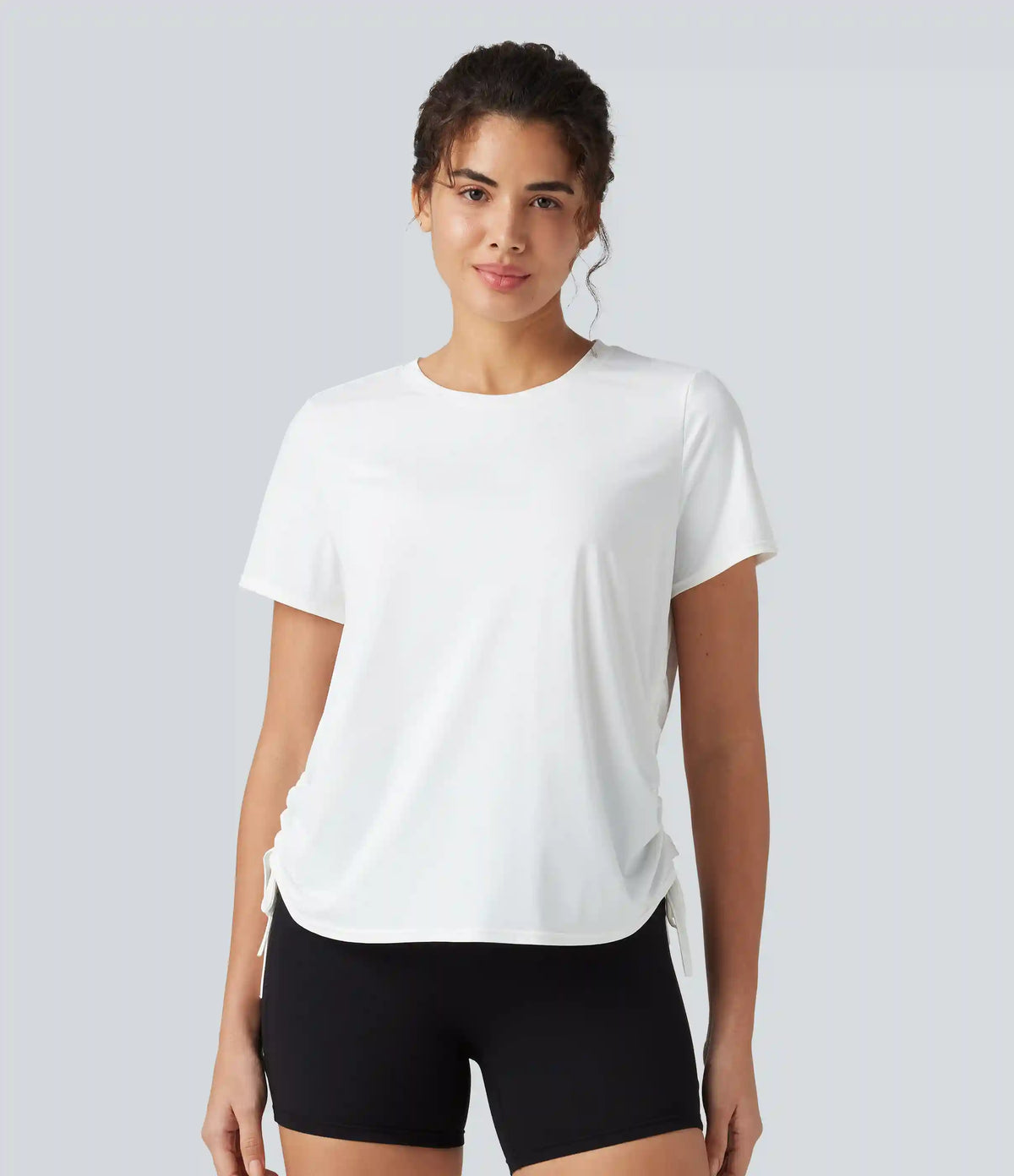 Round Neck Short Sleeve Drawstring Hem InstantCool Quick Dry Workout Sports Top