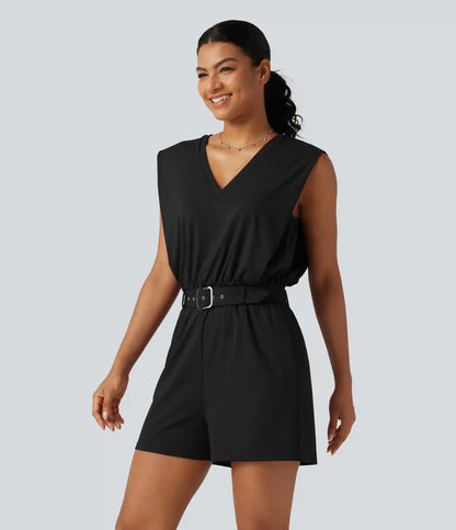 SoftlyZero™ Airy V Neck Sleeveless Belted InstantCool Casual Romper with Pockets-Easy Peezy Edition