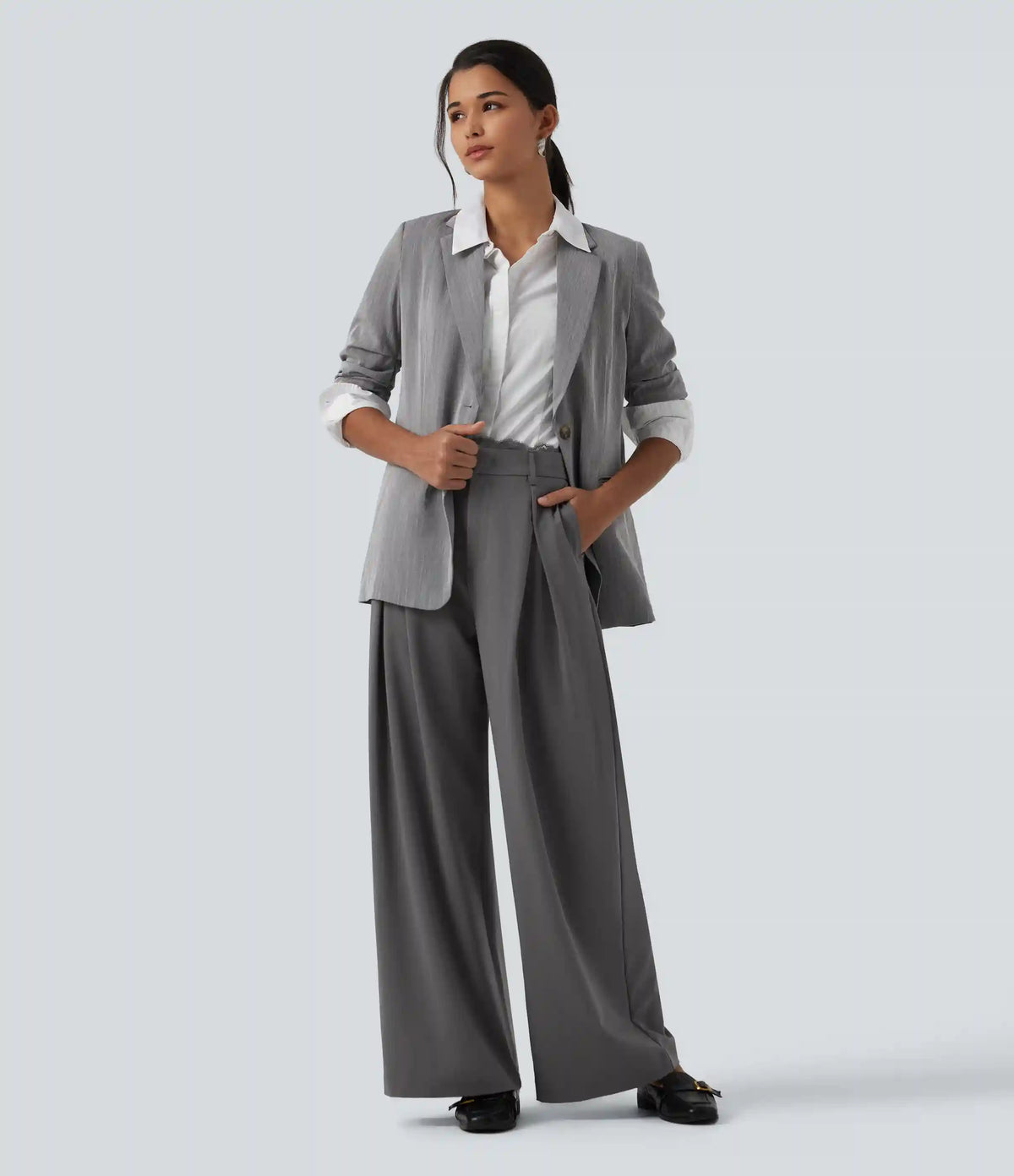 High Waisted Lace Panel Wide Leg Work Pants with Pockets