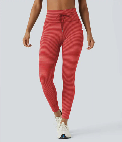 High Waisted Drawstring Striped Yoga Leggings with Pockets