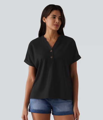 V-neck Button Batwing Sleeve Waffle Casual T-Shirt