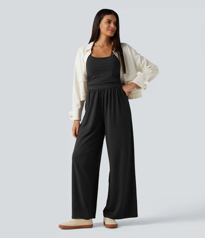U Neck Sleeveless Crossover Built-in Bra Wide Leg Casual Jumpsuit with Pockets--Easy Peezy