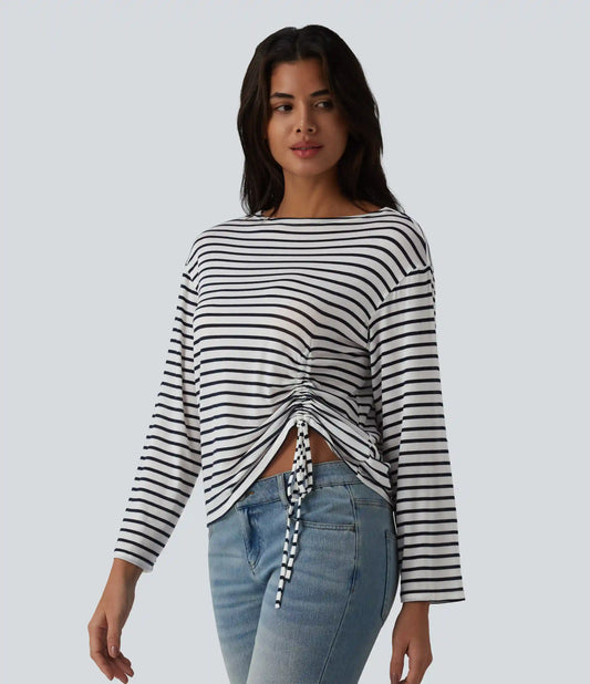 Boat Neck Long Sleeve Drawstring Hem Stripes Casual Top