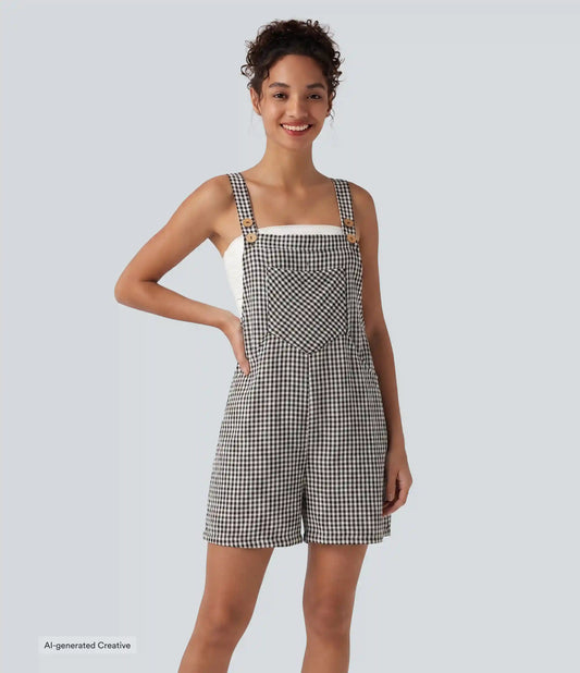 Plaid Casual Linen-Feel Short Overalls with Pockets