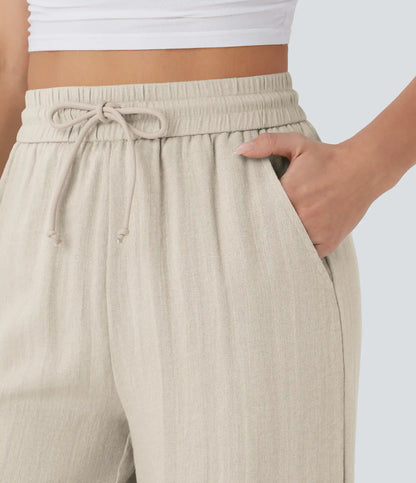 High Waisted Drawstring Pocket Wide Leg Baggy Casual Linen-Feel Pants
