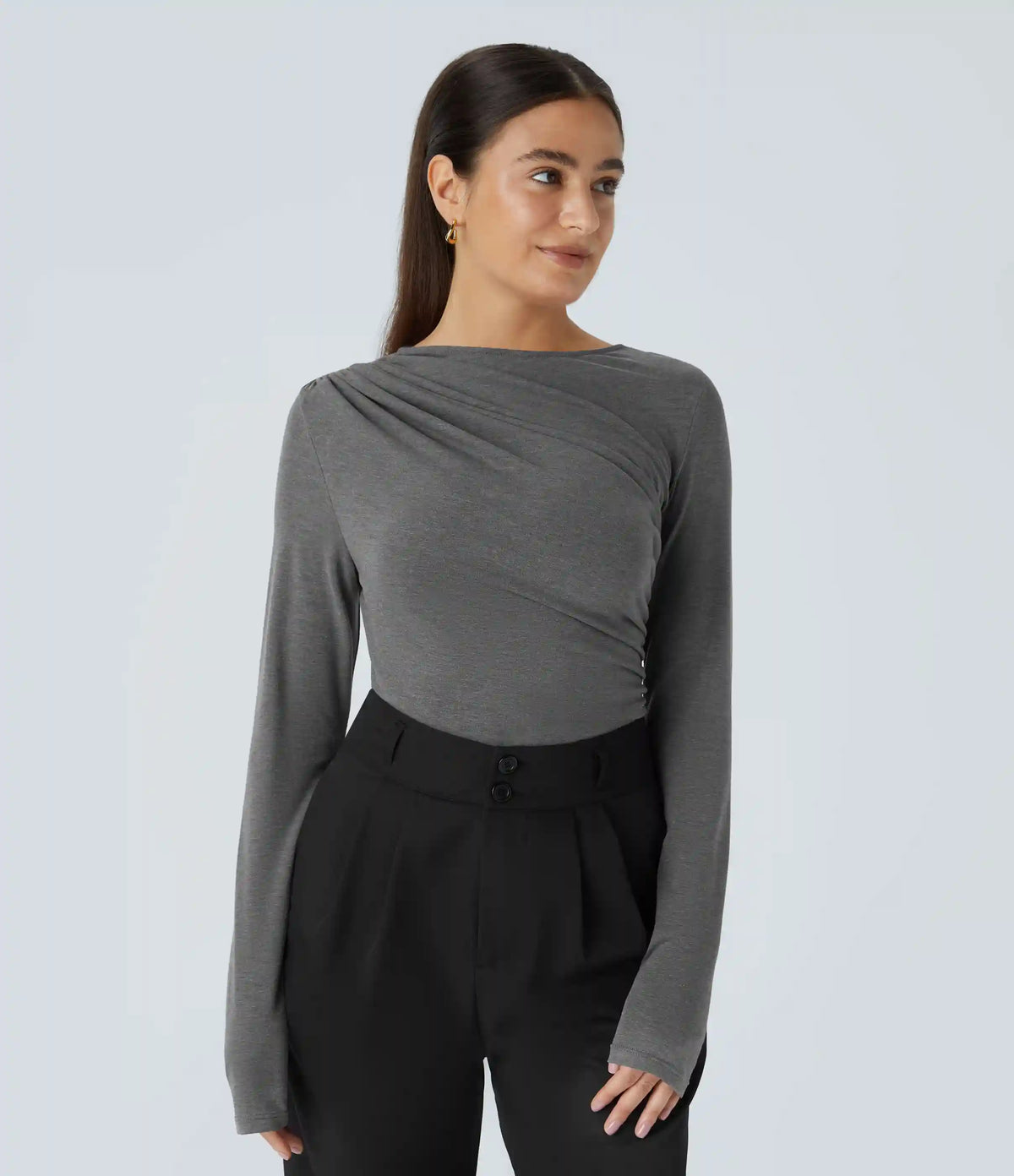 Long Sleeve Asymmetric Ruched Work Top
