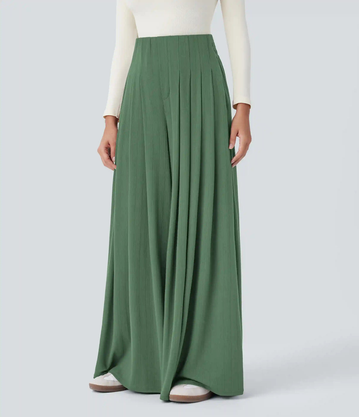 Ribbed Knit High Waisted Pleated Pocket Flowy Wide Leg Casual Pants