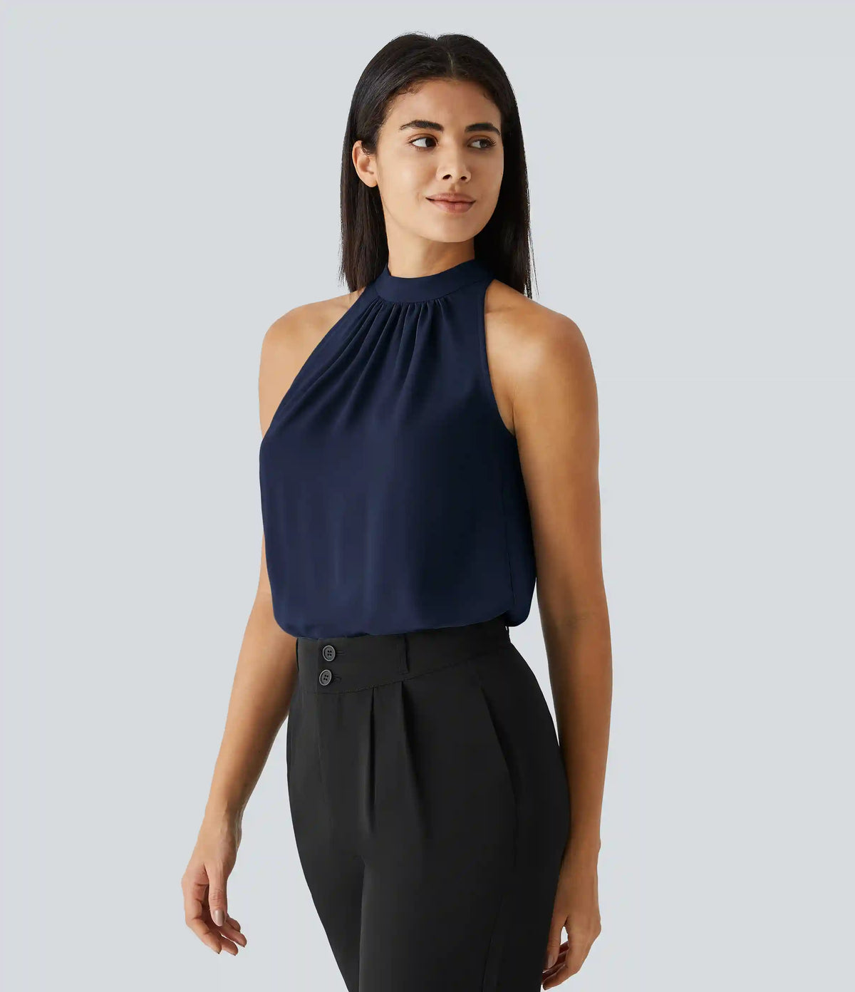 Keyhole Back Halter Sleeveless Curved Hem Work Blouse