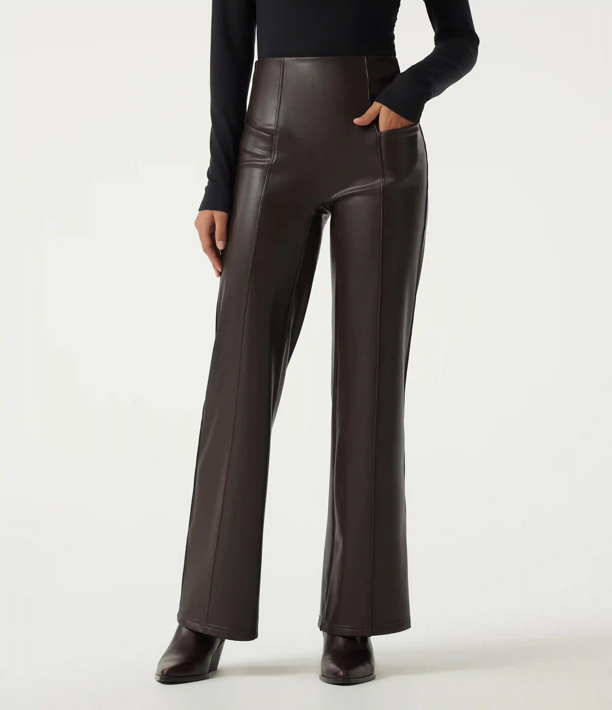 High Waisted Stretchy PU Fleece Tummy Control Casual Flare Pants with Pockets