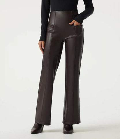 High Waisted Stretchy PU Fleece Tummy Control Casual Flare Pants with Pockets