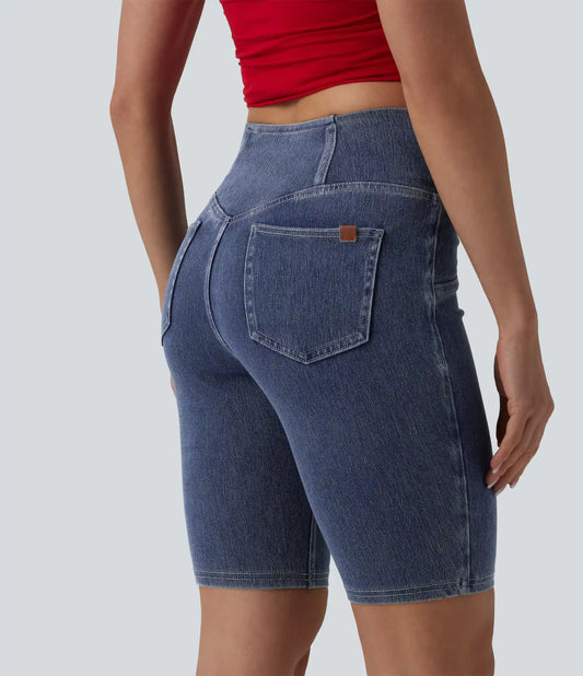 Halara Flex™ Crossover Mid Rise Denim Casual Skinny Shorts 9'' with Pockets