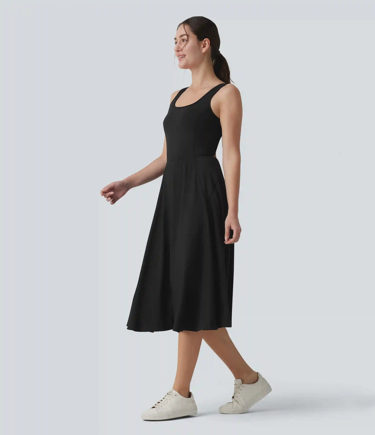 Breezeful™ Square Neck Crisscross Backless Built-in Bra 2-in-1 Midi Quick Dry Dance Active Dress with Pocket-Easy Peezy
