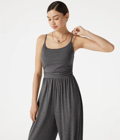 Adjustable Straps Ruched Built-in Bra Heathered Casual Jogger Jumpsuit with Pockets-Easy Peezy